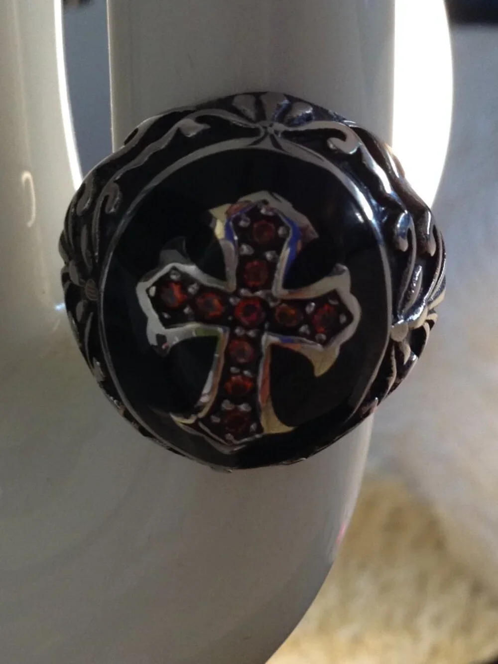 VTG 70's Mendel Men's Titanium Rhodium Red CZ Cross Knight Templar Ring Sz 14.5